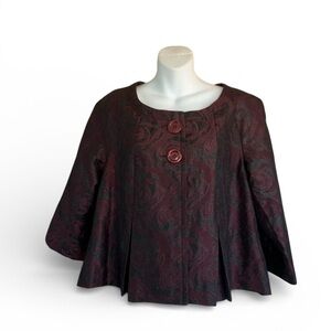 WD.NY Blazer Women's 12, Maroon Floral brocade Boxy Swing pleated retro buttons